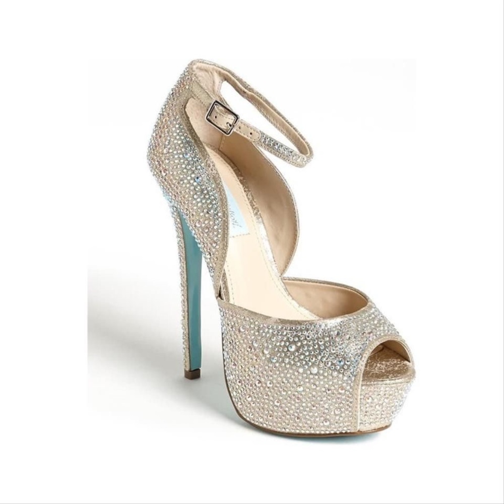 Blue by Betsey Johnson SB-Kiss Champagne Peep Toe Rhinestone Heels Size 6